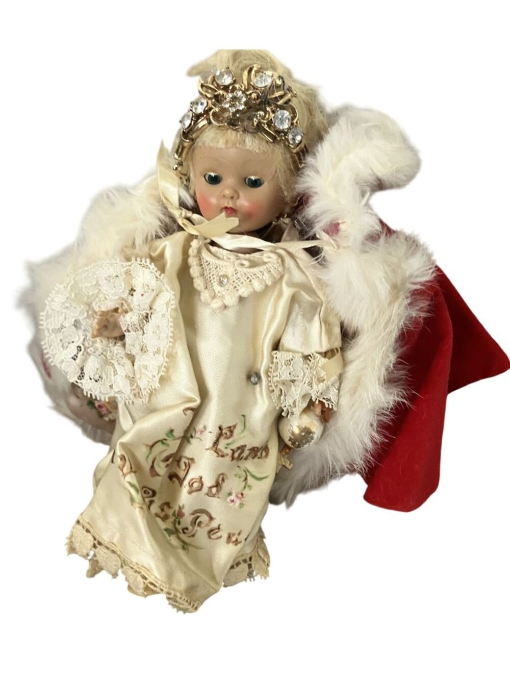 Vintage 8" Collectible Doll With Lace Dress Embellished Crown & Red Trimmed Cape